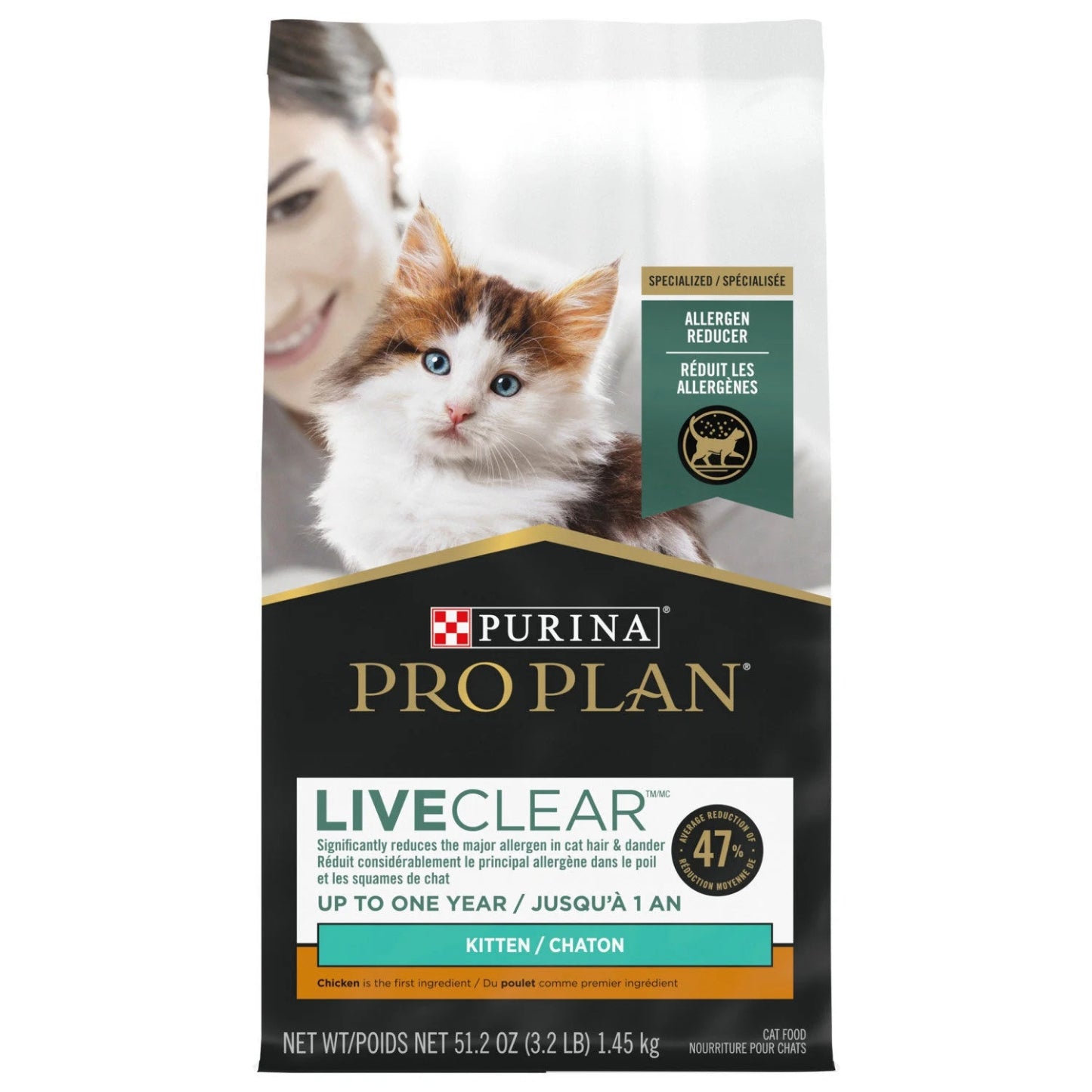 PRO PLAN | Nourriture pour chaton - Réduit les allergènes LiveClear - Poulet et Riz / 1.45 Kg (3.2lbs)